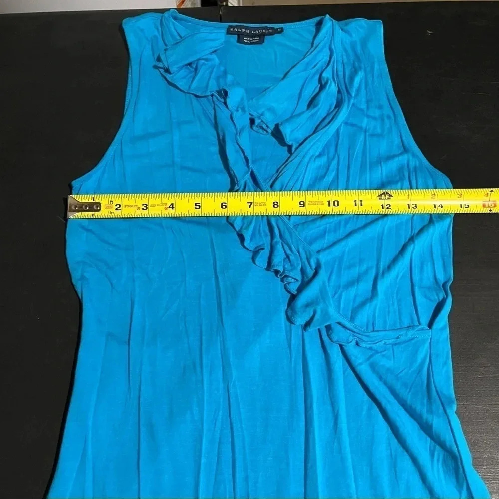 Ralph Lauren Women’s M Blue Faux Wrap Ruffle 100% Viscose Tank Top Sleeveless - Picture 4 of 5